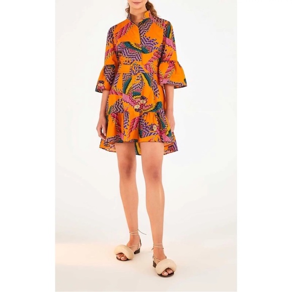Farm‎ Rio Large Macaw Print Poplin Belted Mini Dress Orange Mutli Boho Colorful - Picture 11 of 11